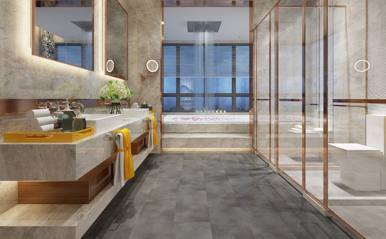 Bathroom with dark gray tile flooring