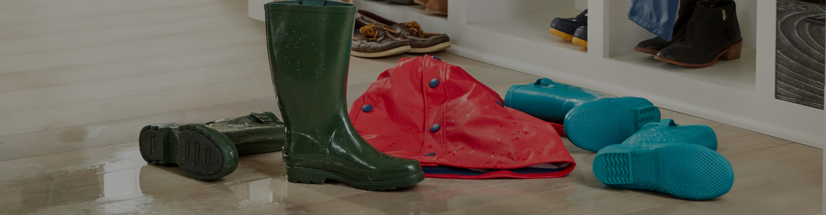 Waterproof flooring in an entryway with rain gear